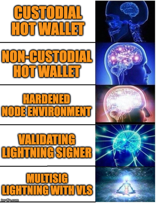 Expanding brain meme showing the Lightning security spectrum from custodial hot wallet to multisig Lightning with VLS